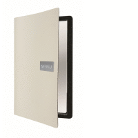 Jedálny lístok A4, koža, jemnejší povrch, kovový štítok, biely SECURIT