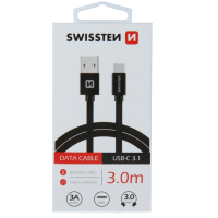 Dátový kábel textile USB / USB-C 3 M čierny SWISSTEN